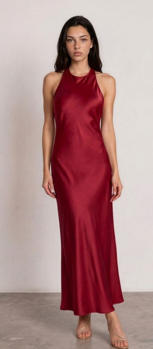 Woman wearing a deep red satin halterneck slip dress with strappy sandals against a pale wall.