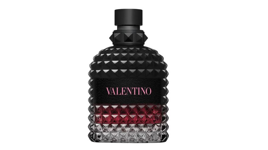Valentino Born In Roma Uomo Intense Eau de Parfum bottle – black rockstud design with pink label, bold ambery fougère groom fragrance