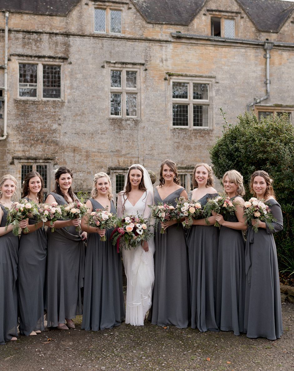 Dark Grey Bridesmaid Dresses & Pink Blooms - Real Wedding