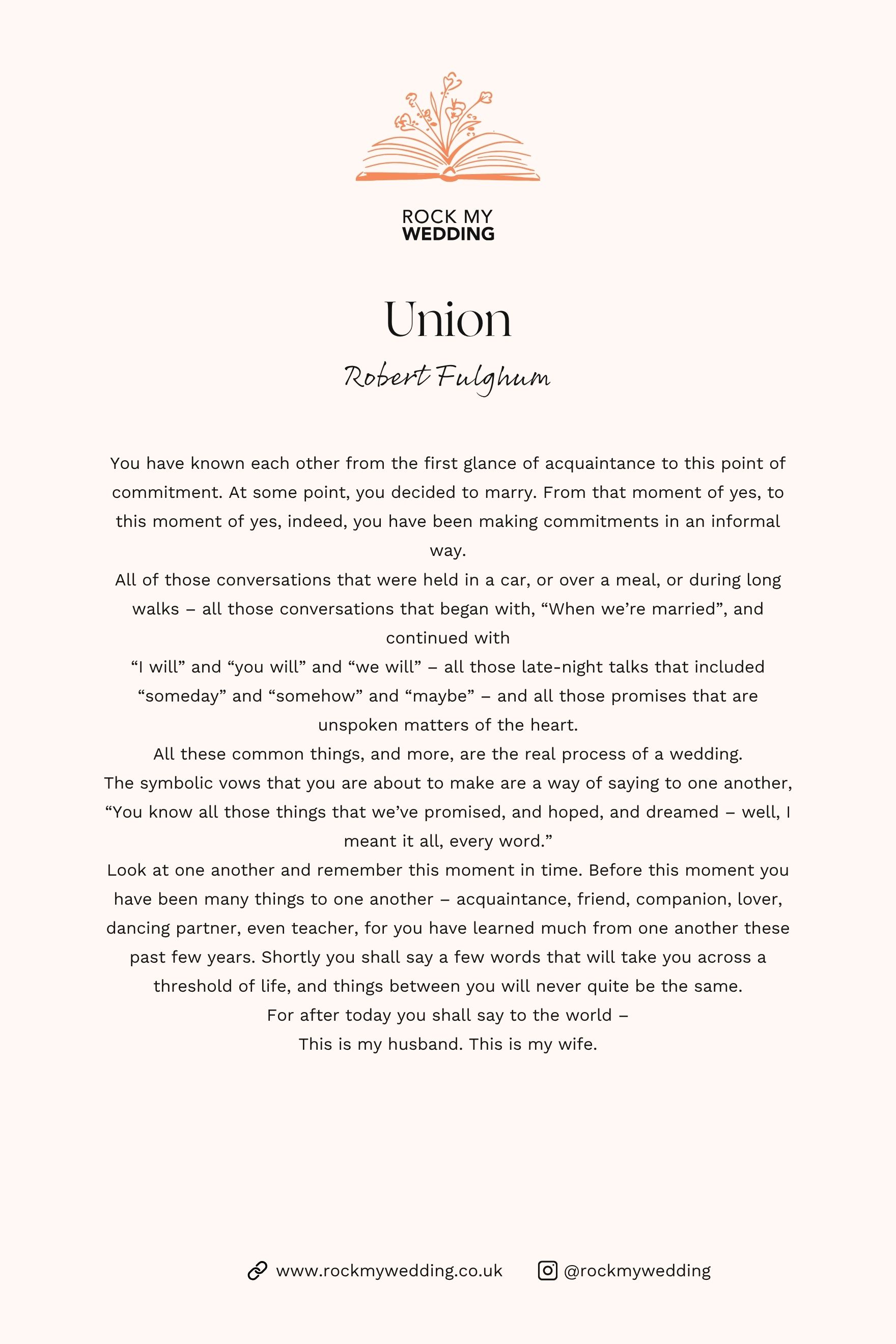 Union by Robert Fulghum Wedding Reading - Rock My Wedding