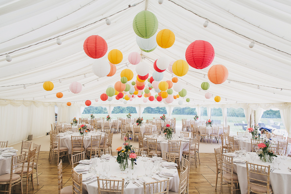 Colourful Hanging Paper Lantern Wild Flower Filled Marquee Wedding