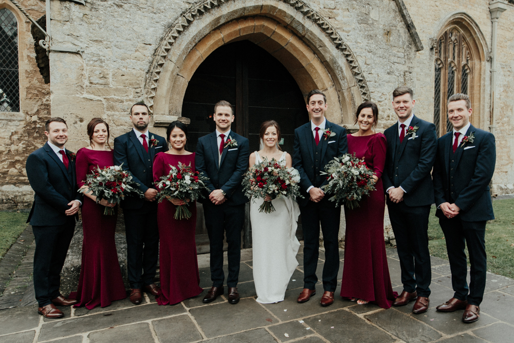 Burgundy bridesmaid dresses and groomsmen outlet suits