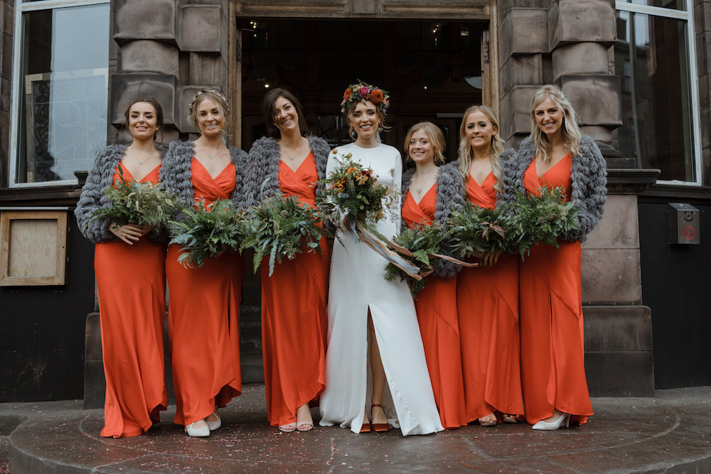 Polka Dot Wedding  Veil and Burnt Orange Bridesmaid  Dresses  